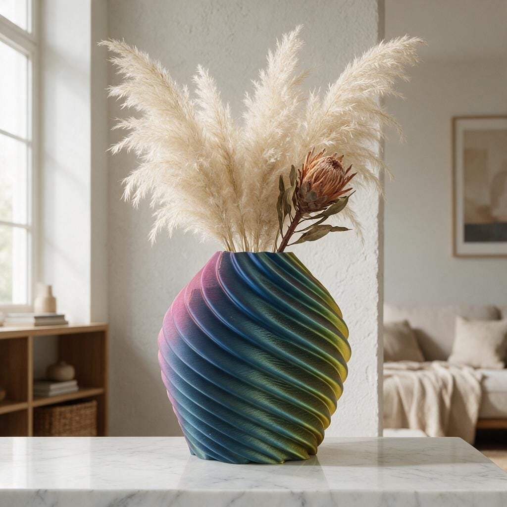 Rainbow Swirl Vase - 3D Printed Wave Spiral Multicolor Silk Gradient Decor