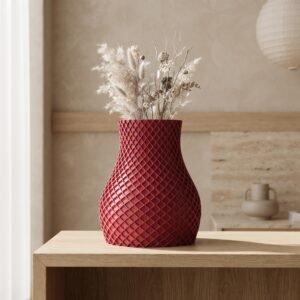 Red Waffle Vase - 3D Printed Quilted Texture Modern Sculptural Decor