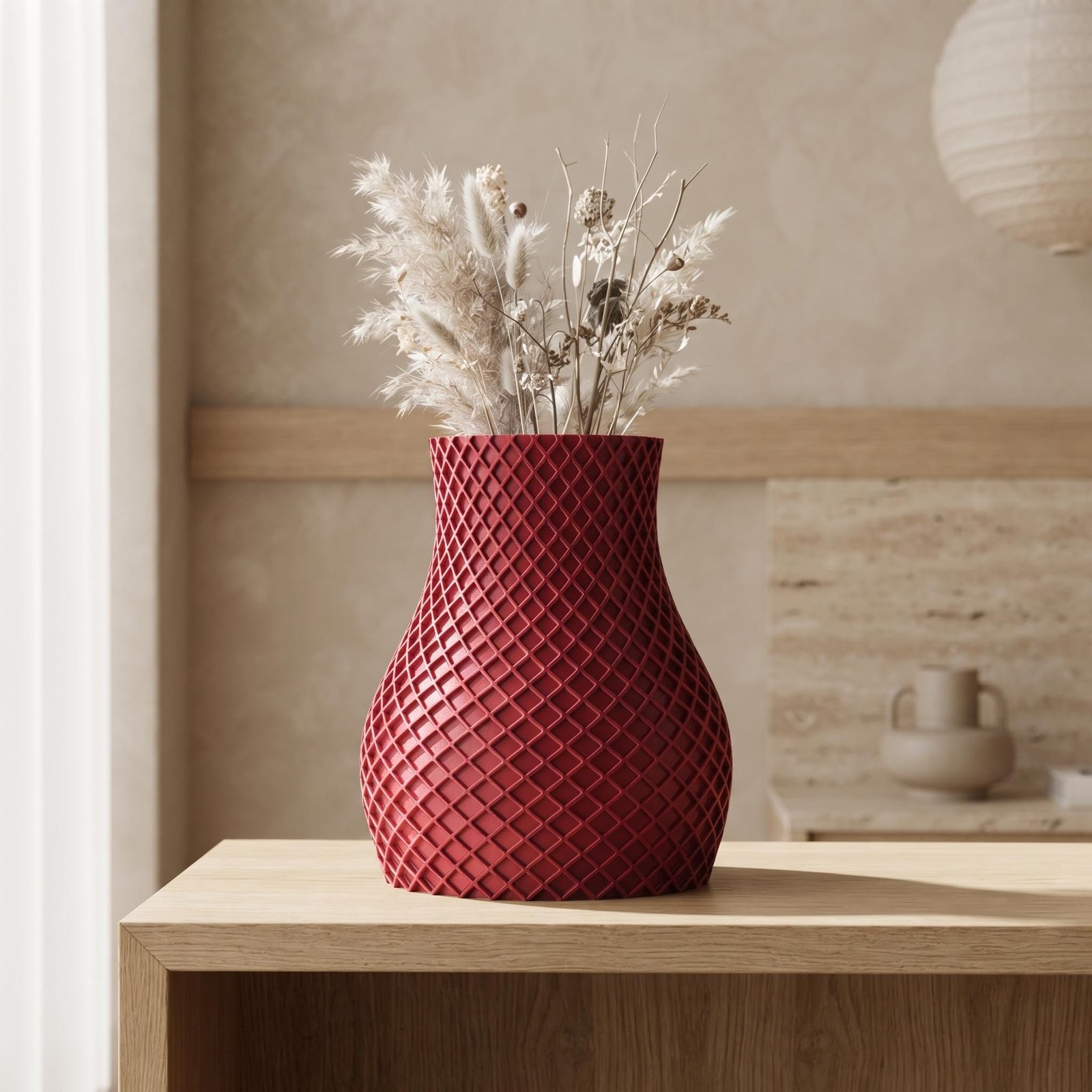Red Waffle Vase - 3D Printed Quilted Texture Modern Sculptural Decor