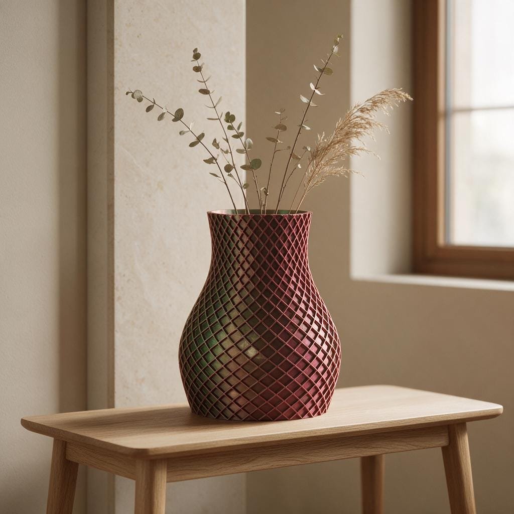 Red Waffle Vase - 3D Printed Quilted Texture Modern Sculptural Decor