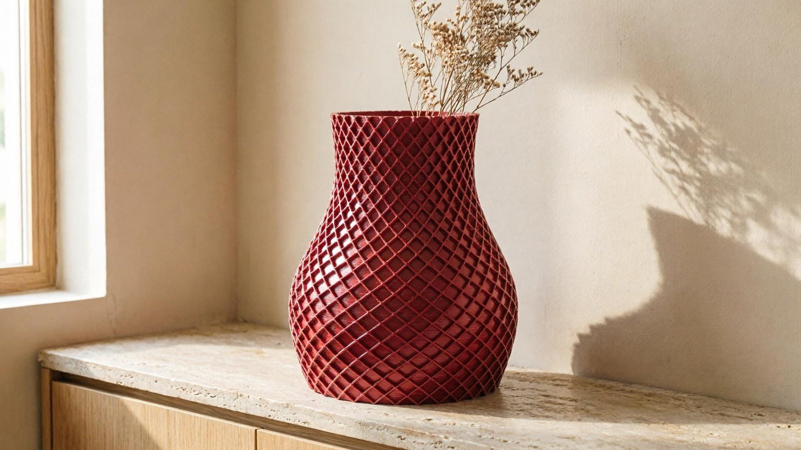 Red Waffle Vase - 3D Printed Quilted Texture Modern Sculptural Decor