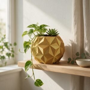 3D Printed Geodesic Planter - Gold Geometric Faceted Succulent Pot