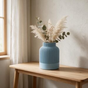 Dusty Blue Ribbed Japandi Vase - 3D Printed Minimalist Scandinavian Decor