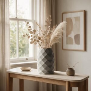 Gray Geometric Faceted Vase - 3D Printed Diamond Pattern Scandinavian Decor