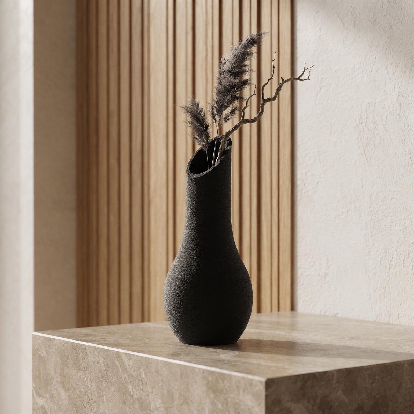 Textured Black Vase - 3D Printed Organic Modern Sculptural Home Decor