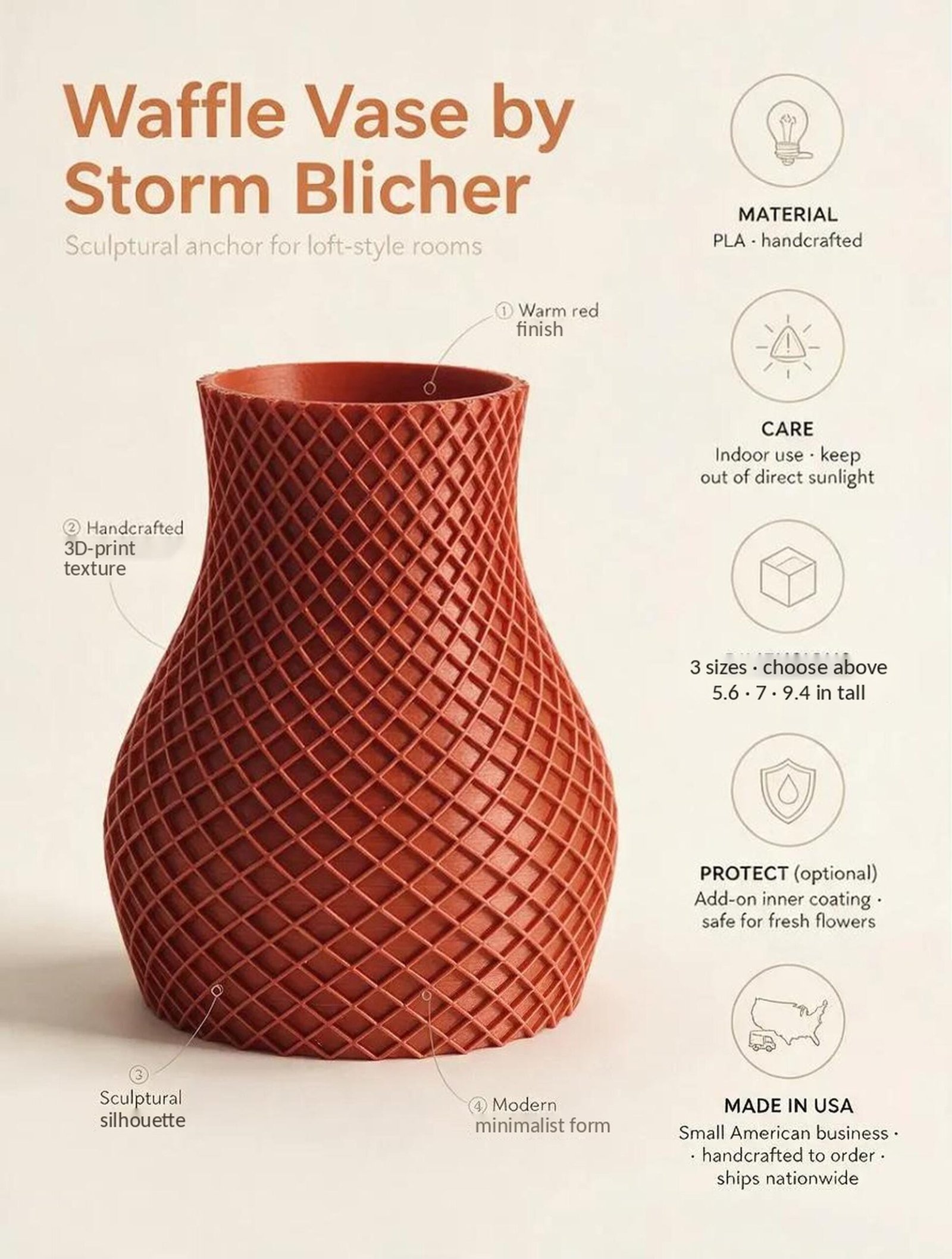 Red Waffle Vase - 3D Printed Quilted Texture Modern Sculptural Decor