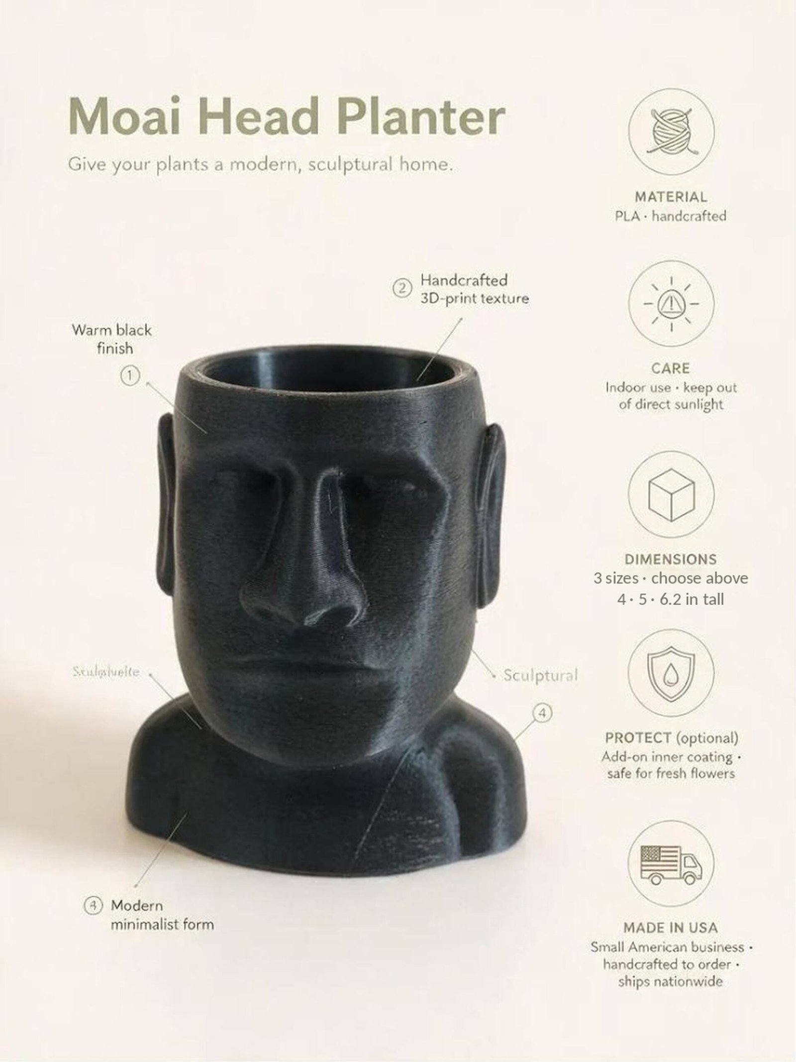 Moai Head Planter - 3D Printed Easter Island Statue Succulent Pot