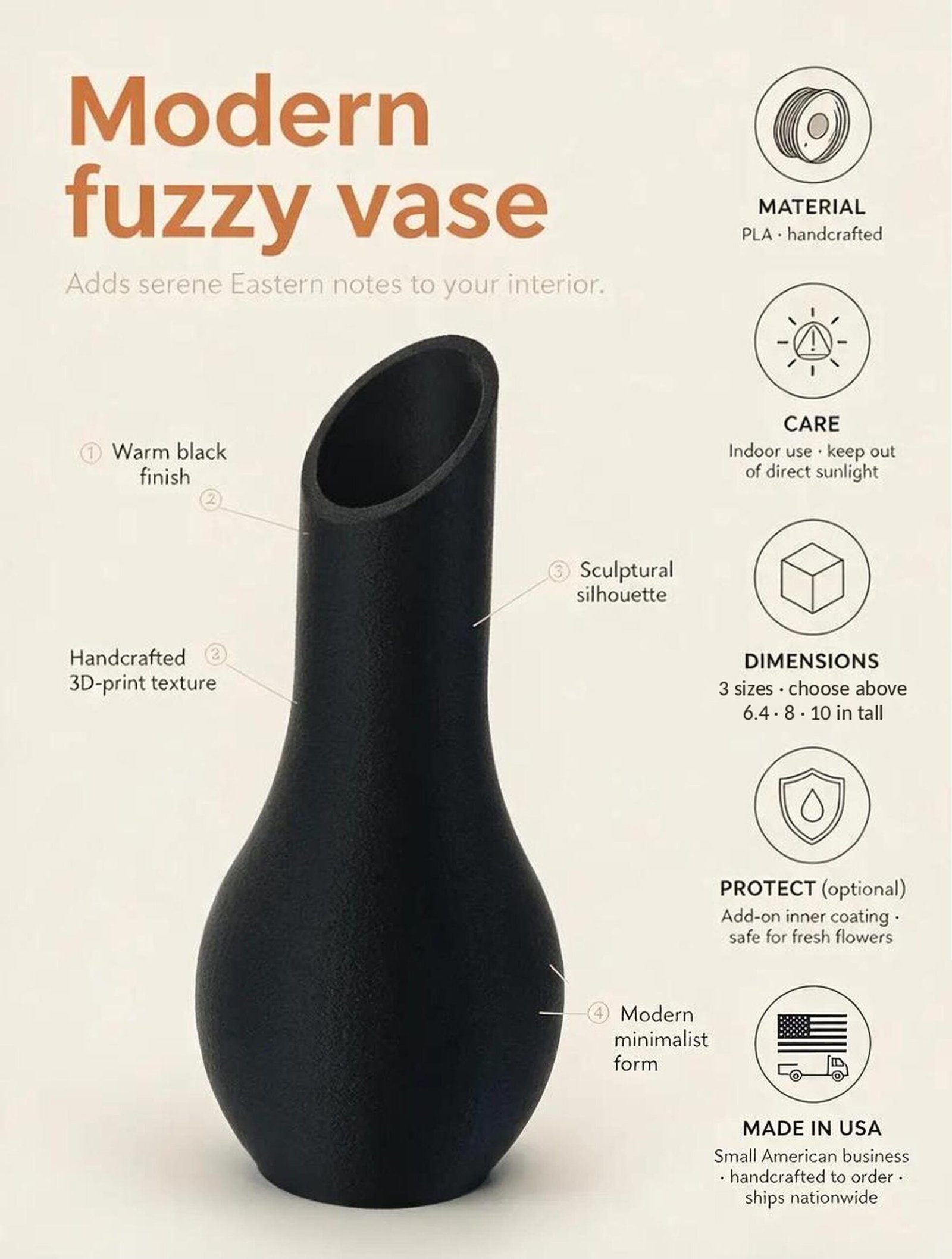Textured Black Vase - 3D Printed Organic Modern Sculptural Home Decor