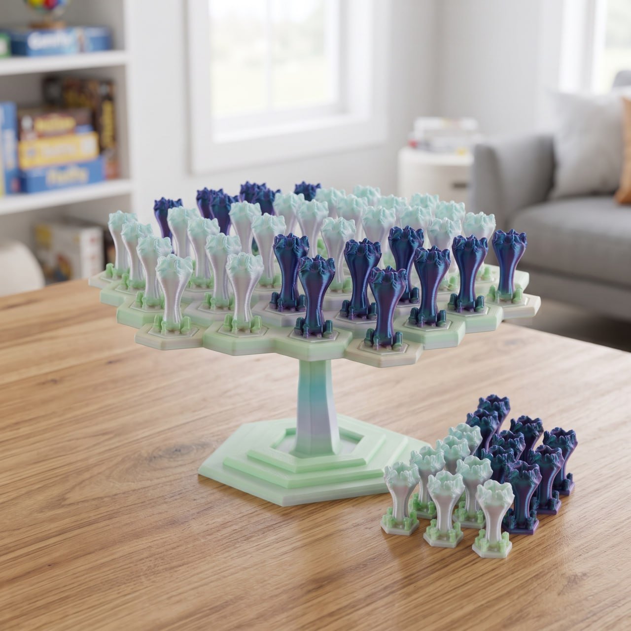 3D printed tabletop game pieces on display stand